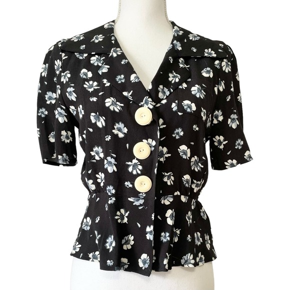 Rouje Paris Jose Floral Blouse Tops Navy Blue White Size 38 US 6 - Picture 3 of 7